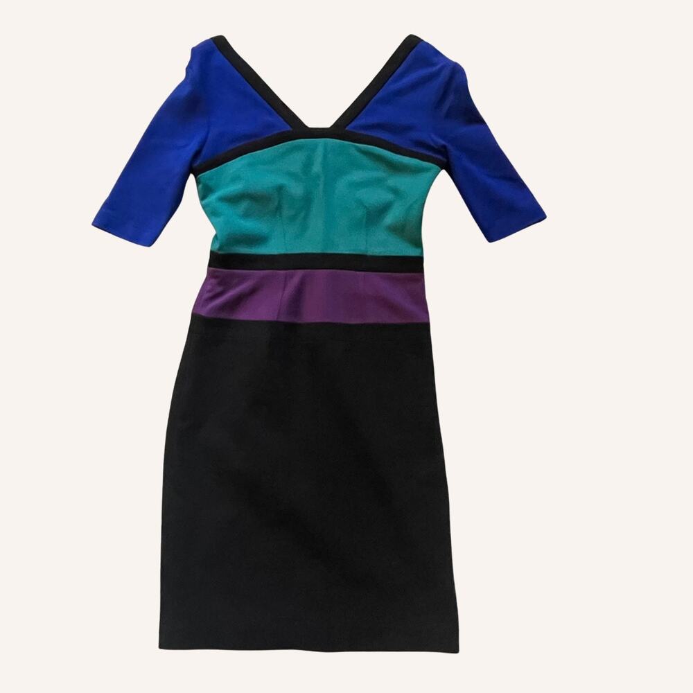 BCBG MAX AZRIA dress XXS color block royal blue green purple sheath bodycon mini